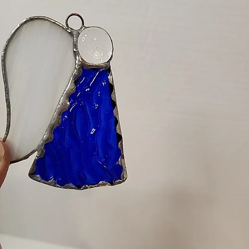 Stain Glass Angel Ornament Blue Textured Glass Body White Glass Wings 3.5”T